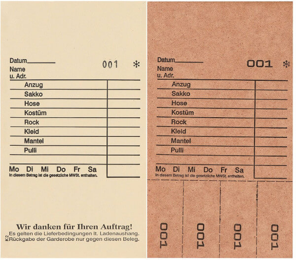 Detailansicht der Hydrofix Annahmeblöcke Kombikarte K2 (braun) , Links : Auftragsbestätigung Rechts: Arbeitskarte mit Abrissen