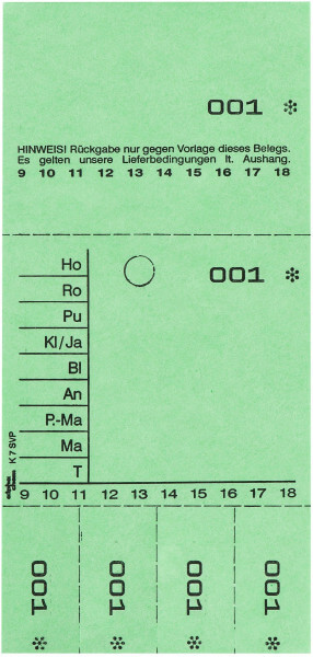 Detailansicht der Hydrofix Annahmeblöcke Kombikarte K7SVP (hellgrün), abgekürzte Artikelvordrucke, Abholkarte, Abrisse
