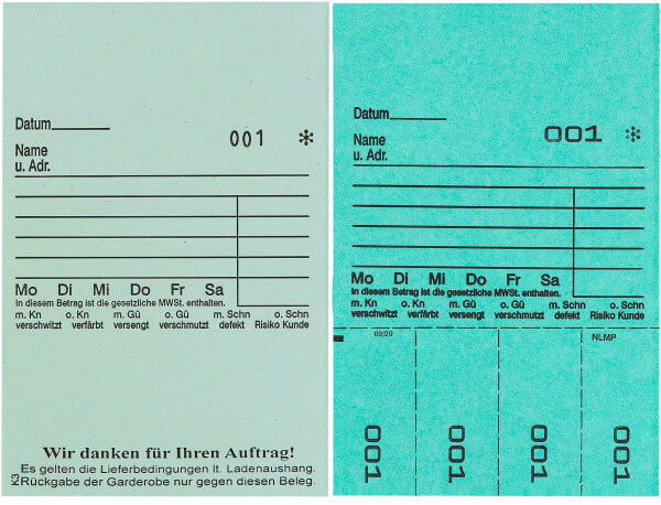 Detailansicht der Hydrofix Annahmeblöcke Kombi 3 (K3) hellgrün , Links : Auftragsbestätigung Rechts: Arbeitskarte mit Abrissen