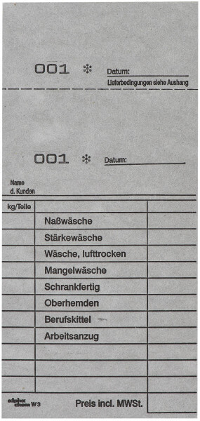 Detailansicht der Wäscheannahmekarte W3 (grau), Arbeitskarte mit Artikelvordruck, Rechnung und Abholbeleg für den Kunden