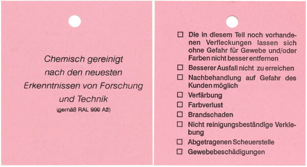 Detailansicht des Fleckenzettel rosa, Links : Vorderseite , Rechts: Rückseite mit Angaben zum Ankreuzen