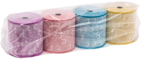 Abbildung einer Umverpackung verschiedenfarbiger Designer-Thermorollen mit Wäschereimuster "Bügel & Seifenblasen" lila,rosa,blau, gelb
