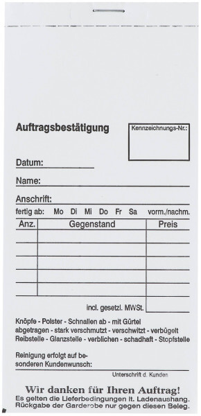 Detailansicht des Auftragsbestätigungsblocks mit Auftragsbestätigung, Rechnungsbetrag, Datum , Kundenanschrift uv