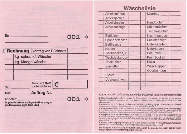 Detailansicht der Hydrofix Wäschekarte W22 (rosa) , Links : Vorderseite Rechnung und Abholbeleg Rechts: Rückseite Arbeitskarte m mit umfangreicher Wäscheliste und Lieferbedingungen