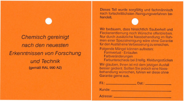 Detailansicht des Hydrofix Fleckenzettels orange Links : Vorderseite, Rechts : Rückseite mit ausführlicher Erklärung