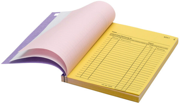 Abbildung des geöffneten Lieferscheinbuch / Rechnungsbuch 3x50 Blatt , hier die gelbe im Buch verbleibende Seite