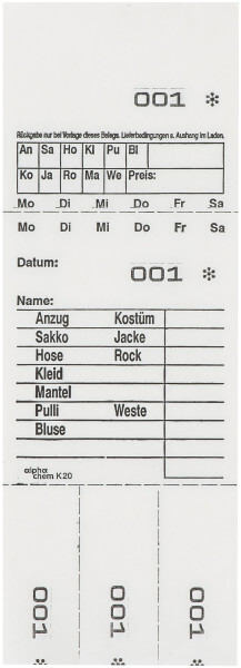 Detailansicht der Hydrofix Annahmeblöcke Kombikarte K20 (weiß) , Umfangreicher Artikelvordruck, Abholschein und Abrisse, Datum 