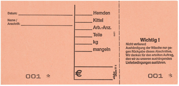 Detailansicht der Wäscheannahmekarte W4 (orange), Arbeitskarte, Auftragsbeschreibung und Artikelvordruck und Abholbeleg für den Kunden