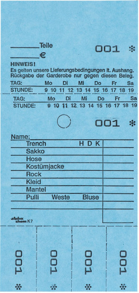 Detailansicht der Hydrofix Kombikarte K7 (blau) , Arbeitskarte/Rechnung mit Artikelvordruck, Wochentagen, Abholzeiten und Abrissen