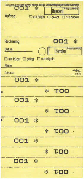 Detailansicht der Hydrofix Oberhemdendienst-Annahmekarte OHD (gelb) mit 10 Abrissen