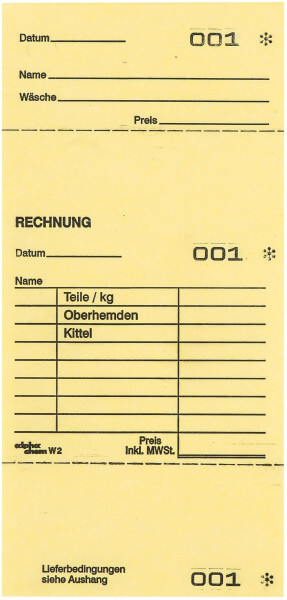 Detailansicht der Wäscheannahmekarte W2 (gelb), Arbeitskarte mit Artikelvordruck, Rechnung und Abholbeleg für den Kunden